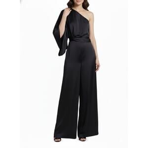 $595 Ramy Brook Simone Satin Jumpsuit Womens Size 4 Black New One Shoulder